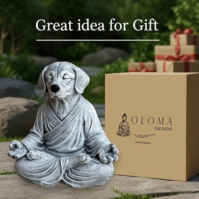 OLOMA Concrete Zen Dog Statue Heavy Solid Stone Garden Sculpture with Protective Resin Coating Weather Resistant Outdoor Indoor Decorative Accent for Landscape Design Feature