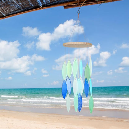 Wenqik Seaglass Wind Chimes Handcrafted Shell Wind Chimes Coastal Outdoor Decor for Indoor Outdoors Garden Home Housewarming Decor Beach Holiday Summer Women Gift, 26 Inch