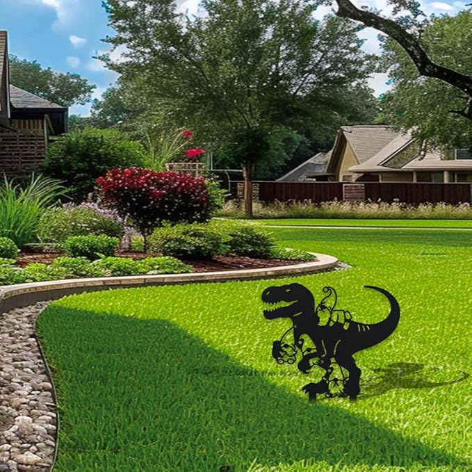 WADORN Dinosaur Gnome Metal Decorative Garden Stakes, Funny Dinosaur Gnome Metal Silhouette Statues Animals Garden Ornament Gifts Black Yard Art Decoration for Outdoor Backyard Patio Lawn Walkways