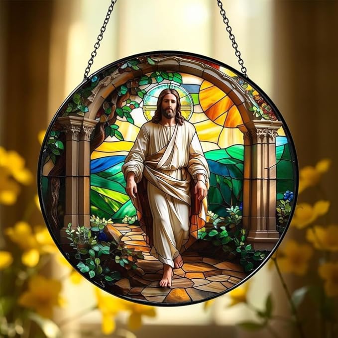 8 Inch Stained Glass Suncatcher for Window Hanging, Christian Stained Glass Windows Hanging Religious Gifts for Women, Sun Catcher for Home Garden Decor, Easter, Faith,Baptism, Memorial