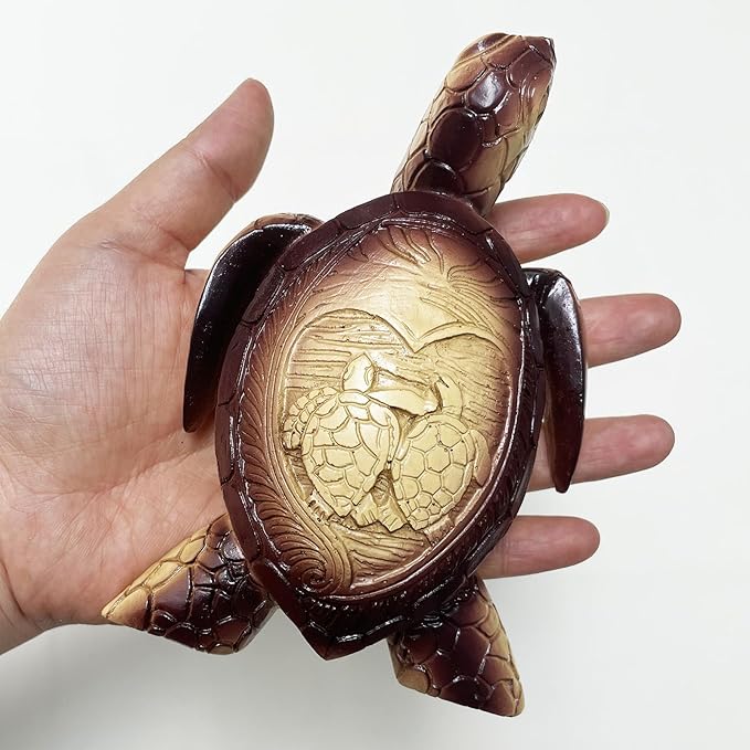 6-Inches Imitative Wood Carving Sea Turtle Statue Resin Hawaiian Turtles Sculpture Garden Tortoise Figurine Decorative Animal Statue for Home Indoor Outdoor Decor Patio Lawn Yard Ornaments