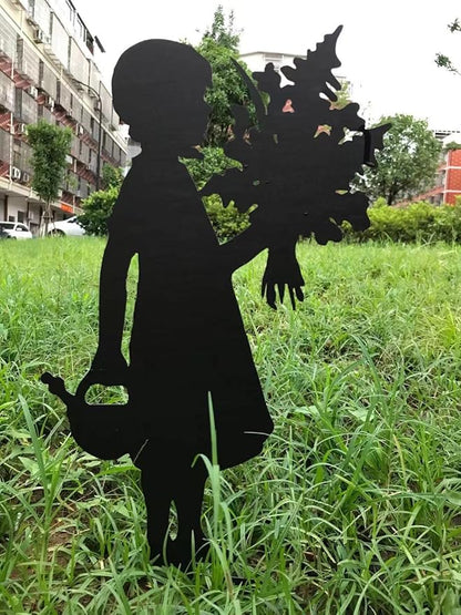 Butterfly Girl Silhouette Sculpture,Shadow Art Garden Figurines, Metal Garden Fence Stake for Lawn Outdoor Patio Home Decor (D)