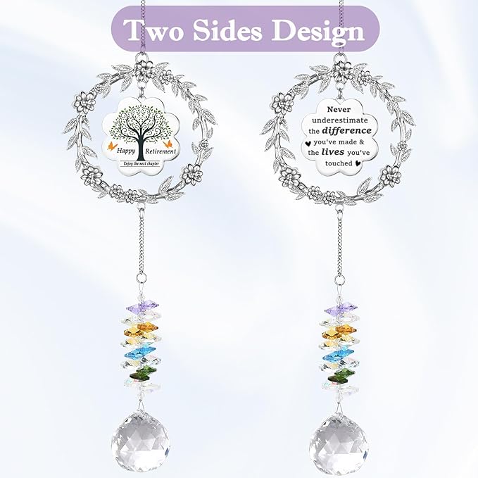 Retirement Gifts for Women, Sun Catcher Gift with Engraved Happy Retirement Message, Hanging Crystal Sun Catcher Ornament for Window Rainbow Maker, Appreciation Gift for Retired Teacher, Friends, Mom