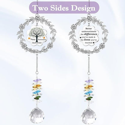 Retirement Gifts for Women, Sun Catcher Gift with Engraved Happy Retirement Message, Hanging Crystal Sun Catcher Ornament for Window Rainbow Maker, Appreciation Gift for Retired Teacher, Friends, Mom