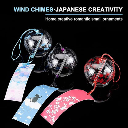 BENECREAT 3Pcs Japanese Glass Wind Chime, Handmade Wind Bells with Red/Blue/Black Pendants for Home Garden Decor, Birthday Gift