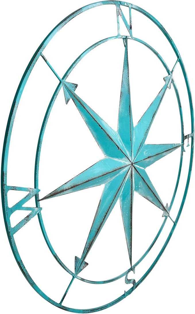 Zeckos 39 Inch Aqua Metal Compass Rose Wall Decor, Large Distressed Nautical Wind Rose Wall Sculpture with Keyhole Hanger for Coastal Entryway, Living Room, Bedroom or Covered Patio
