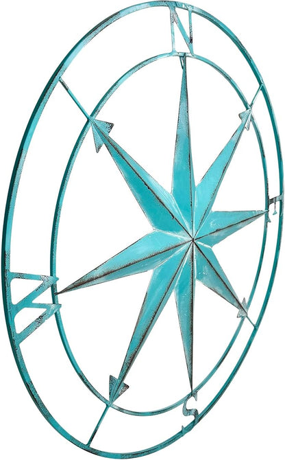 Zeckos 39 Inch Aqua Metal Compass Rose Wall Decor, Large Distressed Nautical Wind Rose Wall Sculpture with Keyhole Hanger for Coastal Entryway, Living Room, Bedroom or Covered Patio