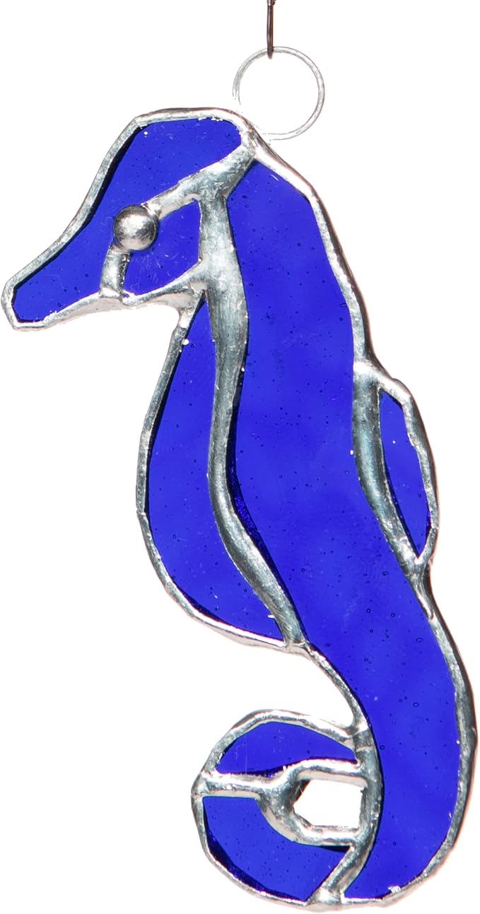 Stained Glass Ornament Seahorse Decor 3.5" x 1.5" Cobalt Blue Suncatcher for Window Hangings Sea Glass Ocean Animal Tiffany Figurines Sun Catcher Garden - Beach Themed Office Home Decor