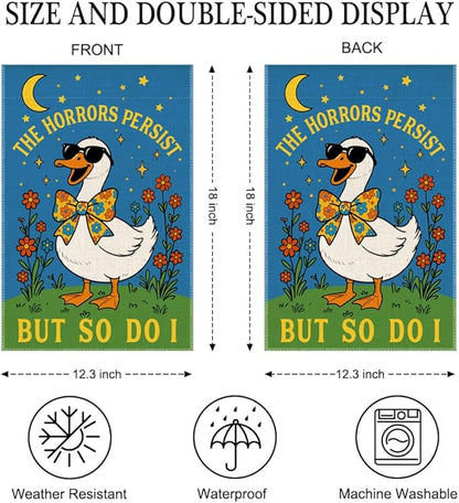 The Horrors Persist But So Do I Garden Flag Double Sided Yard Outdoor Decoration 12x18 Inch, Mental Health Yard Decoration Garden Flag, Dark Humor Sarcastic Rustic Spring Porch Home Decor