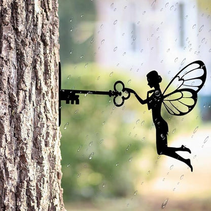 SBOMB Black Iron Art Decorative Metal Crafts, Sitting Fairy Silhouette Garden Statues Outdoor Art Statue for Patio Yard Lawn Tree Wall Deco (Fairy Key)