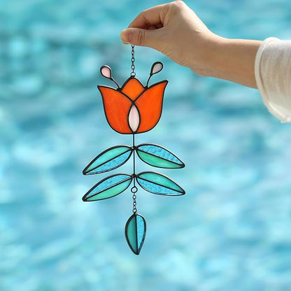 Coral Tulip Stained Glass Suncatcher, Folk Flower Stained Glass Window Hanging Sun Catcher, Retro Funky Home Decor, Handmade Coastal Ornaments, 9.4" x 4.7"