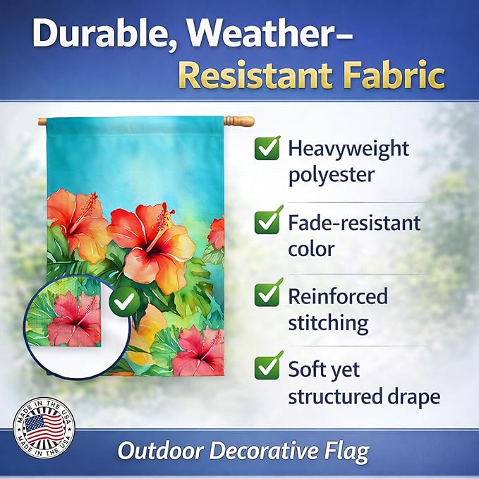Caroline's Treasures Hawaii Hawaiian Hibiscus in Watercolor House Flag Large Porch Sleeve Pole Decorative Outside Yard Banner Artwork Wall Hanging, Polyester, House Size, Multicolor