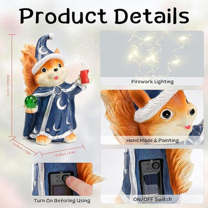 HUYIENO Solar Garden Statue 9.7" Outdoor Decor with LED Firefly String Lights, Waterproof Solar Powered Figurine for Patio, Yard, Lawn, Porch, Halloween, Housewarming Mom & Birthday Gift Squirrel