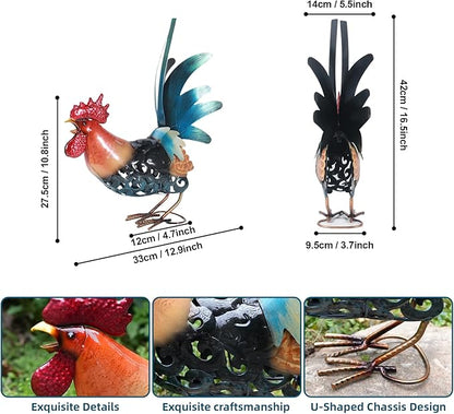 16.5" Whimsical Metal Rooster Garden Statue, Handmade Morning Crowing Rooster Sculpture with Green Tail Feathers, Rust-Resistant Iron Art for Yard, Farmhouse, Kitchen & Outdoor Decor