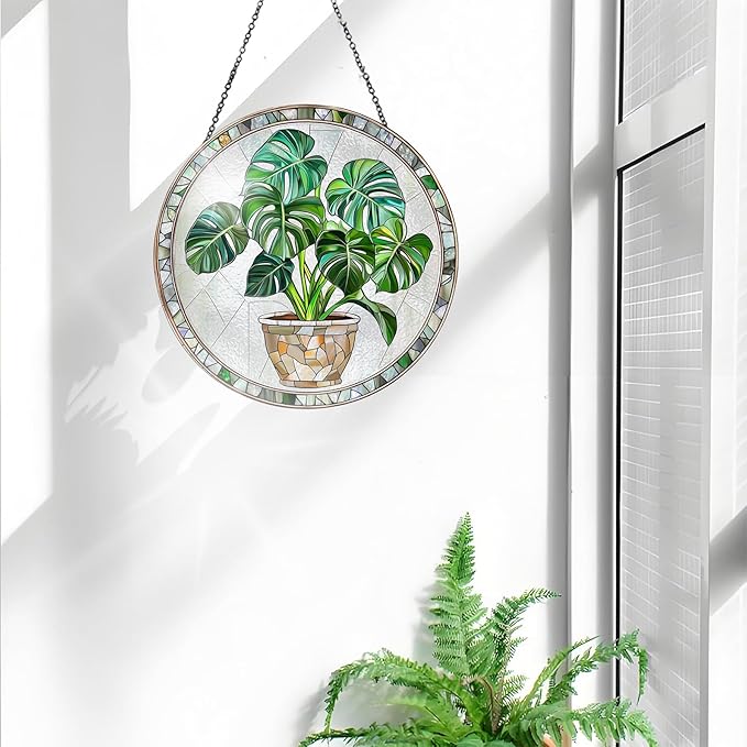 Bimkole Plant Stained Glass Suncatcher Window Hanging - Pothos Indoor Window or Doorway Decoration - Handmade Sun Catcher Decor for Garden Home Christmas & Birthday Gifts 7.87x7.87 inch