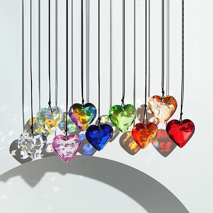 LONGSHENG - SINCE 2001 - Pack of 9 Crystal Suncatchers Colorful Heart Chandelier Prisms Stained Glass Pendants Parts Hanging Window Home Decor Crystal Ornaments