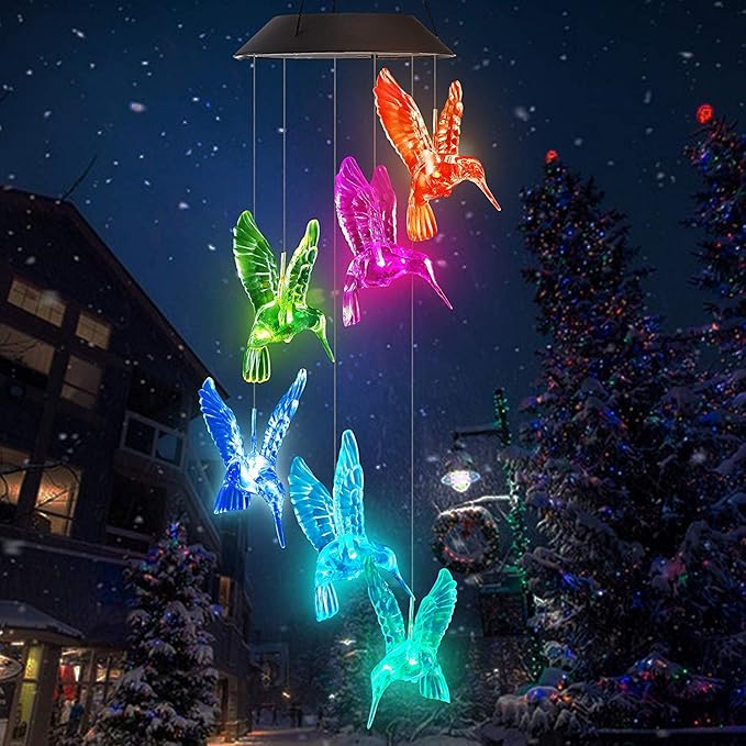 TDA Solar Wind Chimes Light Outdoor Changing Color Decorative Mobile Portable for Patio Walkway Pathway Backyard Landscape Decoration (Transparent Hummingbird)