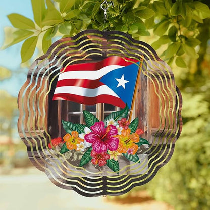 Wind Spinners for Yard and Garden - 3D Stainless Steel Hanging Spinners Indoor/Outdoor Kinetic Yard Art - Round Wind Chime 7.8 Inch, Puerto Rico Flag and Hibiscus in Barn