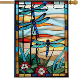 Spring Summer House Flags 28 X 40 Double Sided, Dragonfly Stained Glass Style Flowers Garden Flag Burlap Yard Flags for Outside Seasonal Decoration