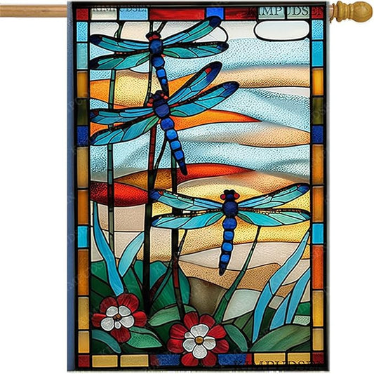 Spring Summer House Flags 28 X 40 Double Sided, Dragonfly Stained Glass Style Flowers Garden Flag Burlap Yard Flags for Outside Seasonal Decoration
