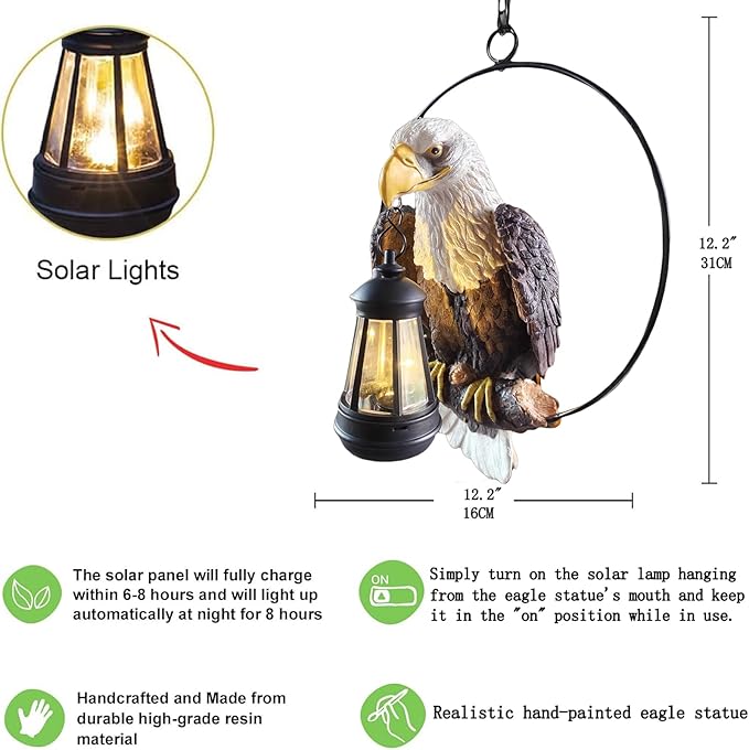 Solar-Powered Eagle Statue - 11.81 Inch Resin Outdoor Yard Art for Patio, Garden, Lawn | Ideal Housewarming & Birthday Gifts for Grandma, Mom & Women