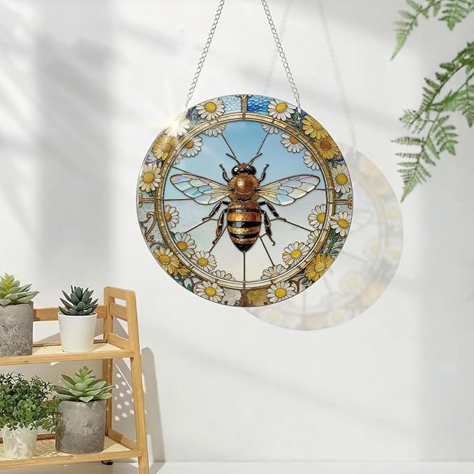 Acrylic Window Hanging, Bee Flowers Yellow Suncatcher Window Doors Home Decoration, Christmas Ornament, Birthday Gifts for Garden Lover