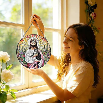 Stained Glass Window Hanging, 8 Inch Jesus Black Cat Suncatcher, Sun Catchers Indoor Window, Flowers Birds Cross Religious Home Garden Decor Glass Panel, Easter Faith Christian Gifts for Women Men