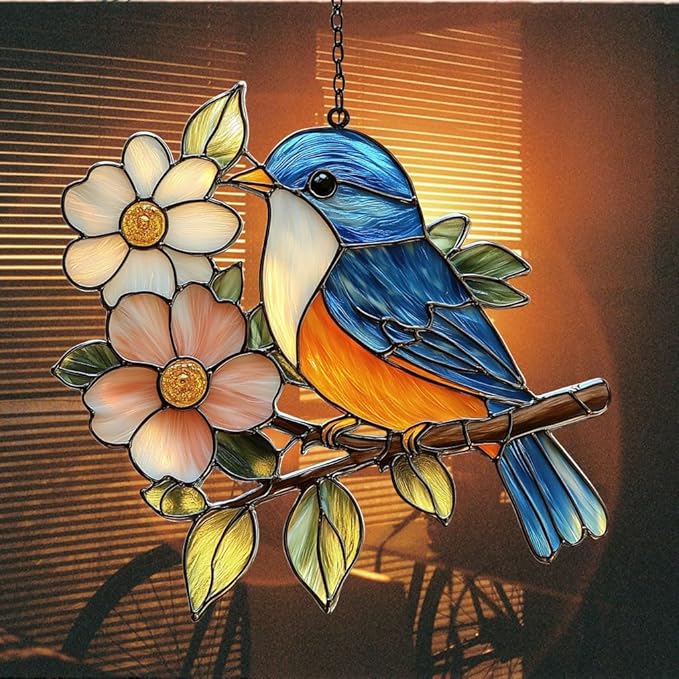 Bluebird Acrylic Suncatcher Stained Glass Effect Window Car Hanging Christmas Ornament Indoor Outdoor Decor Garden Sun Catcher Panel for Acrylic Suncatcher Lover for Women Mom Grandma
