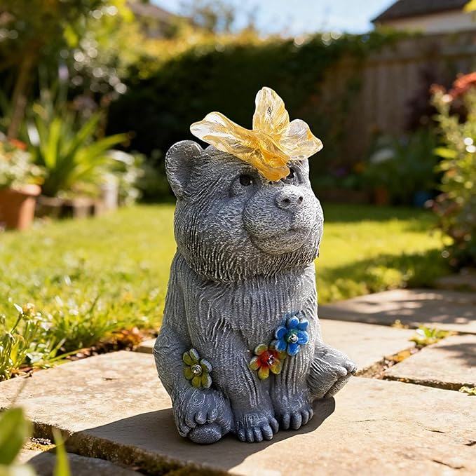 Solar Baby Bear Garden Statue with Butterfly Light - Cute Bear Cub Figurine Decor with Flower Accents - Outdoor Decor for Patio Lawn - Christmas Housewarming Birthday Gifts for Grandma Mom Women