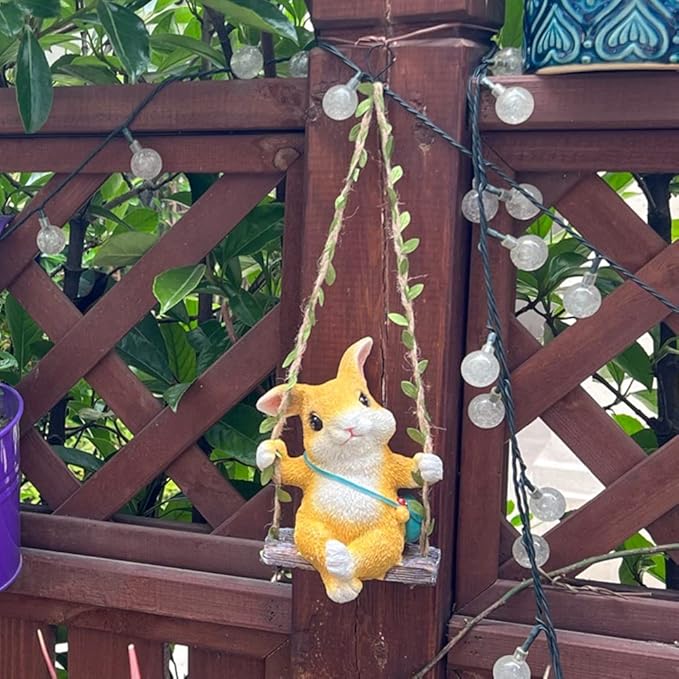 WAYUTO Swing Garden Rabbit Statue Ornament Decorative Hanging Hammock Animal Figurines Cute Resin Rabbit Figure Outdoor Funny Garden Decor for Patio Yard Lawn Fence Pathway Backyard Landscape Tree