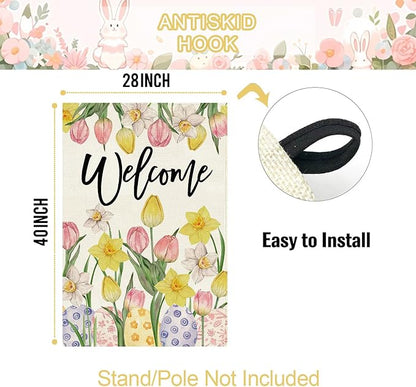 Baccessor Welcome Easter House Flag 28 x 40 Inch, Double Sided Burlap Tulip Daffodil Colorful Eggs Farmhouse Large Yard Flag Seasonal Holiday Spring Easter Outdoor Decor