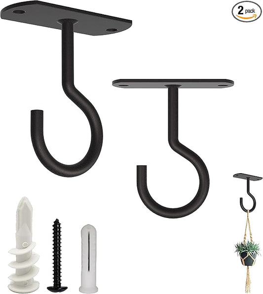 NACETURE Ceiling Hooks Heavy Duty 2 Pack - Plant Hooks for Ceiling Hanging Hook for Hanging Basket Hook, Light, Bird Feeders, Wind Chimes Décor Indoor & Outdoor (Black, 2.5 Inch 2 Pack)