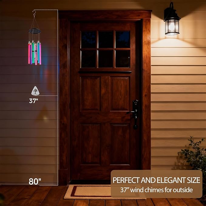 Solar Wind Chimes for Outside, 6 LED Tubes Auto-Color Changing, Birthday/Festival/White Elephant Gifts, 37” Outdoor Decor for Garden, Yard, Patio