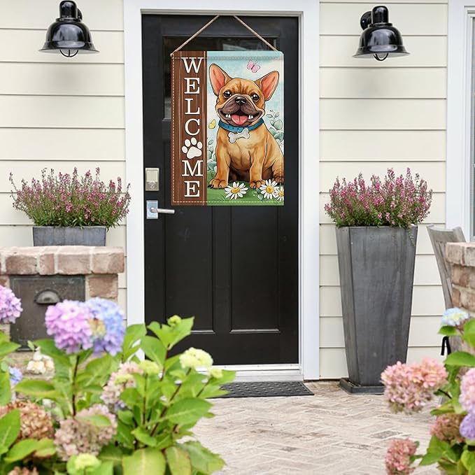 Dyrenson Welcome French Bulldog Dog 28 x 40 House Flag Double Sided, Paw Print Garden Yard Decoration Pet Owner Lover Gift, Spring Summer Burlap Outdoor Decor Decorative Large Flag
