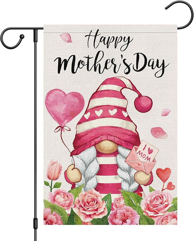 Heyfibro Happy Mother's Day Gnome Garden Flag 12x18 Double Sided Burlap, I Love Mom Flower Rose Love Heart Yard Banner for Spring Outside Outdoor House Mothers Day Decoration (ONLY FLAG)