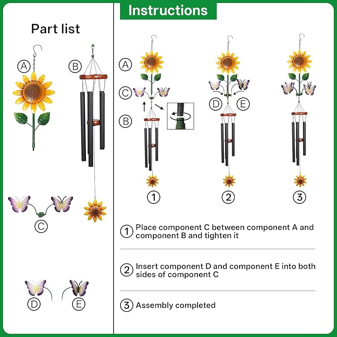 Sunflower Wind Chimes with Spinning Butterflies for Outside Hanging Garden Decor, Black Aluminum Tubes, Floral Wind Chimes for Yard, Porch, Patio, or Balcony for Women Mom Grandmom