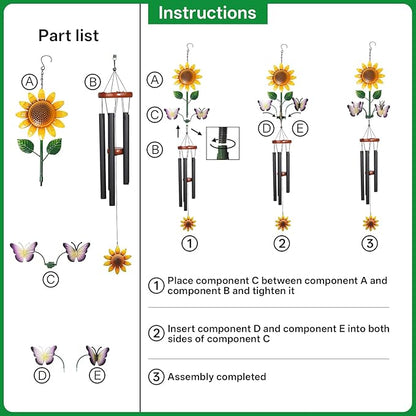 Sunflower Wind Chimes with Spinning Butterflies for Outside Hanging Garden Decor, Black Aluminum Tubes, Floral Wind Chimes for Yard, Porch, Patio, or Balcony for Women Mom Grandmom