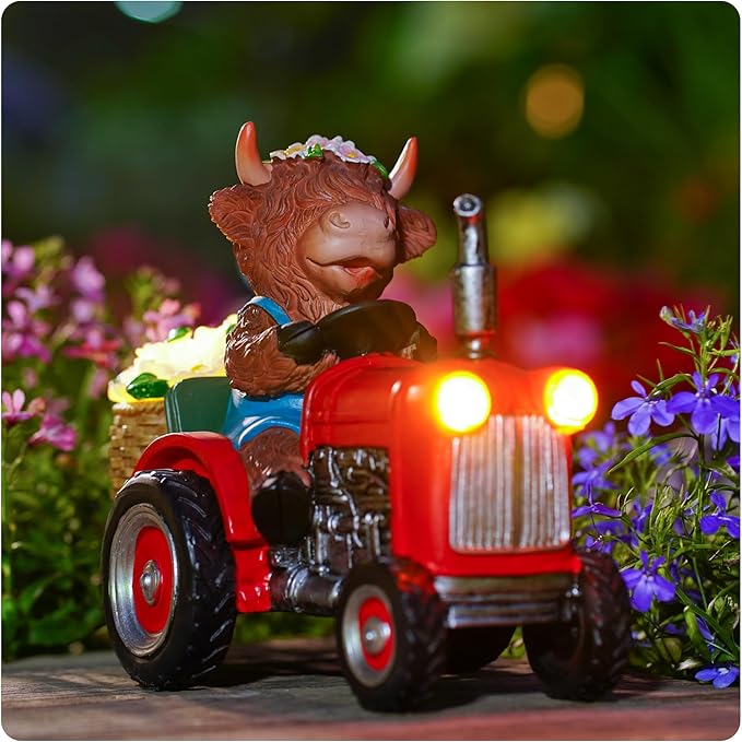 Highland Cow Garden Statue with Solar Light, Farm Animal Decor for Garden, Patio or Lawn, Tractor Riding Outdoor Ornament with Purple Flowers