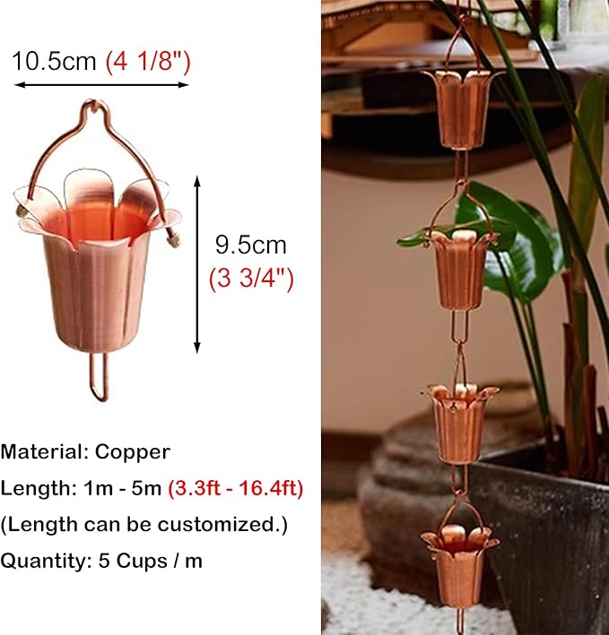 Hanging Rain Chains for Roof Gutter, Copper Rain Collector Cups Outdoor Decor, 100cm to 500cm Long Rain Drain Link Eavestrough Diverter,2m (6.6ft)