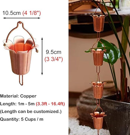 Decorative Rain Chain Copper, Rainwater Gutter Chains with Metal Hook, Adjustable Length Rain Bells, Roof Gutter Downspout Channel,2.4m (8ft)
