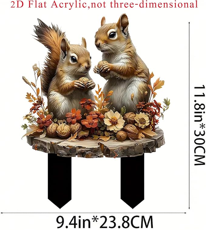 Garden Stake Decor, Acrylic 2D Flat Cute Animal Statue, Fairy Sculptures Ornament Indoor Outdoor Yard Lawn Pot Plant Decorative Accessories (Two Squirrels)