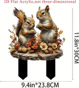 Garden Stake Decor, Acrylic 2D Flat Cute Animal Statue, Fairy Sculptures Ornament Indoor Outdoor Yard Lawn Pot Plant Decorative Accessories (Two Squirrels)