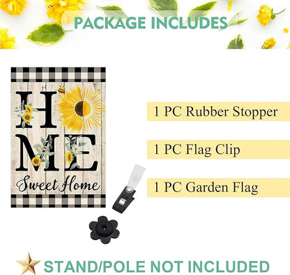 ORTIGIA Summer Sunflower Garden Flag Double Sided 12.5x18 Inch, Home Sweet Home Spring Floral Flower Buffalo Plaid Check Small Yard Flag Burlap Vertical Outside Outdoor Lawn Patio Decor