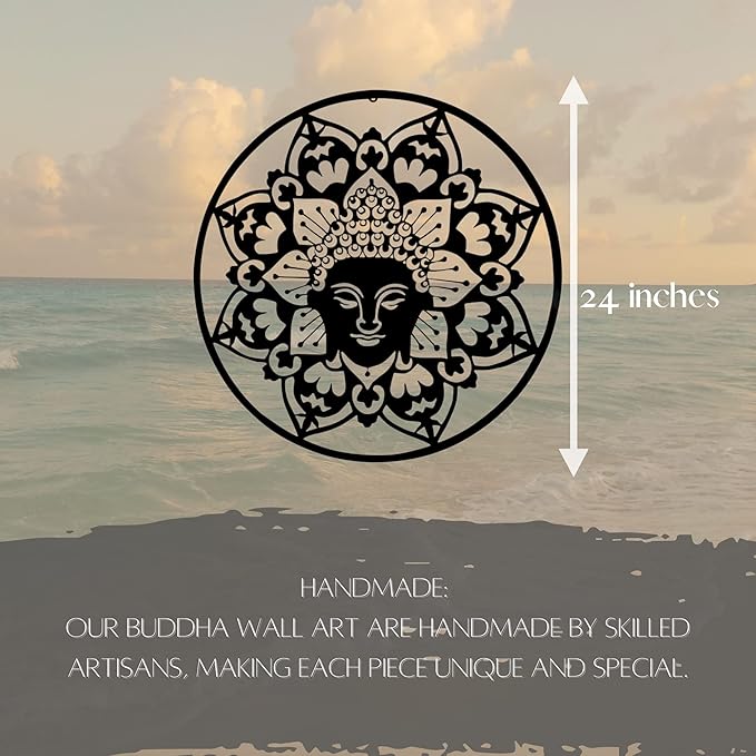 Bellaa 23514 Metal Wall Art Black Buddha Mandala Meditation Yoga Altar Indoor Serene Zen Buda Home Decor Outdoor Garden Patio Hanging 3d Sign Laser Cut 24 inch