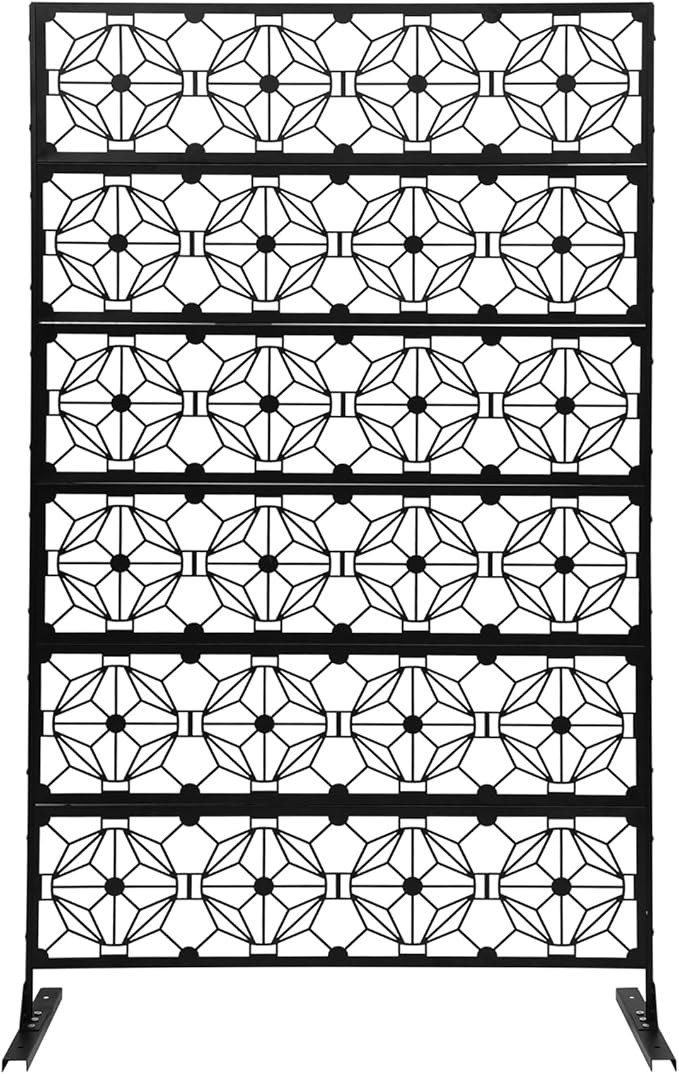 Metal Privacy Screen, 72" H x 44" W Freestanding Privacy Screens, Patio Decorative Metal Fence Panels with Stand, Portable Divider Screens, for Backyard/Patio/Deck (Black-Print, 72''H×44''W)
