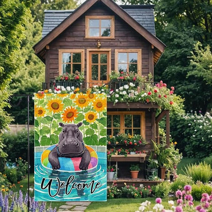 Sunflowers Garden Flag Swimming hippo Welcome Summer Garden Flags Vertical Double Sided Small Burlap Enjoy a Holiday Lawn Yard Outdoor Decorations