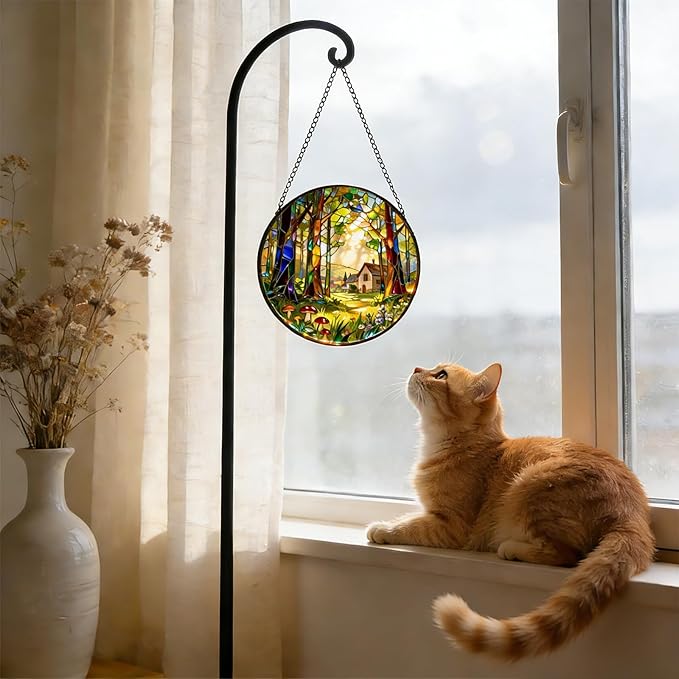 7.8 Inch Stained Glass Window Hanging, Forests and Trees Sun Catchers Glass Panel Green Suncatcher Decor for Birthday for Women, Men, Wife, Aunt, and Mom