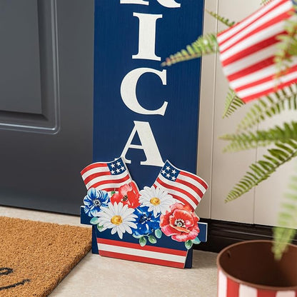 Glitzhome Patriotic 4th of July Independence Day Porch Sign Decor Memorial Day 42"H Americana Wooden "AMERICA" Porch Decor Hanging Sign Front Door Porch Standing Decorative Signs Plaques