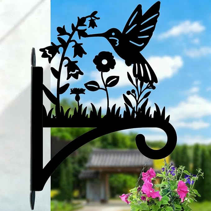 Hummingbird Plant Hanger Hooks Iron Plant Brackets 10.6 x 14.1 Inch Black Flowers Bird Silhouette Indoor Outdoor Decorative Basket Wall Mounted Hanging Bracket for Garden Wind Chime Lantern