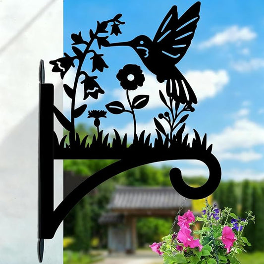 Hummingbird Plant Hanger Hooks Iron Plant Brackets 10.6 x 14.1 Inch Black Flowers Bird Silhouette Indoor Outdoor Decorative Basket Wall Mounted Hanging Bracket for Garden Wind Chime Lantern